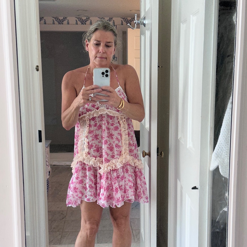 CHIO Floral Frill Short Dress Pink, Medium, unlined pull on styling